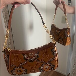 Tory Burch 86603 T Monogram Brocade Shoulder Bag, Sunset Bonfire, NEW condition!